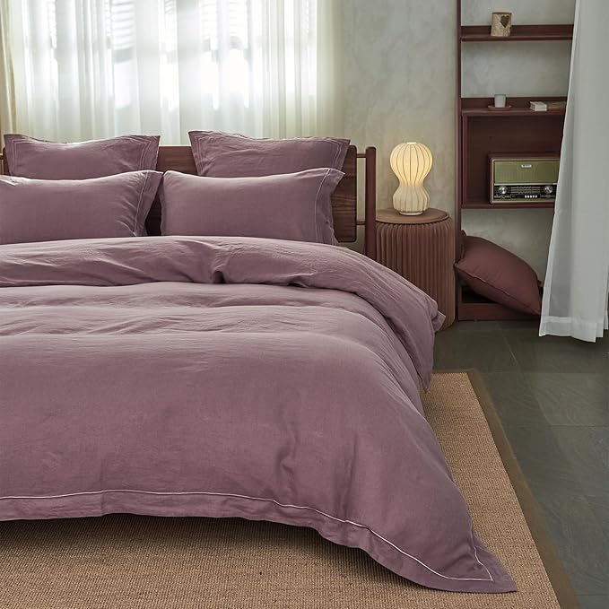 Simple&Opulence 100% French Linen Pillowcase King Size Set of 2, Pure Flax Pillow Covers with Embroidered, Solid Color Pillow Cases with Overlap Closure -Soft and Durable (20" X 36", Purple)
