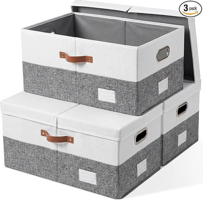 PRANDOM Storage Bins with Lids [3-Pack] Linen Fabric Foldable Storage Boxes Organizer Containers Baskets Cube with Cover for Bedroom Closet Office Grey&White (23.4X15.9X11.4)
