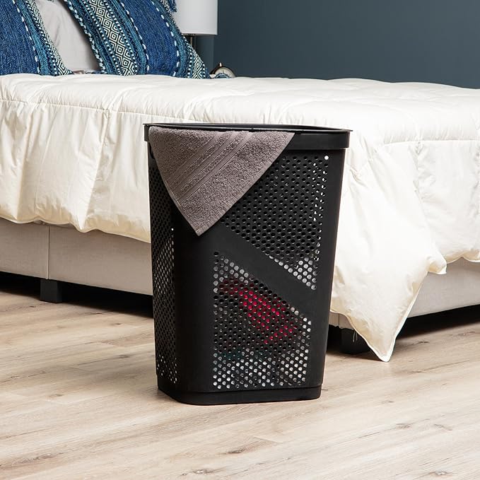 Mind Reader Slim Laundry Hamper with Lid, 60L Clothes Basket, Ventilated Plastic, Black