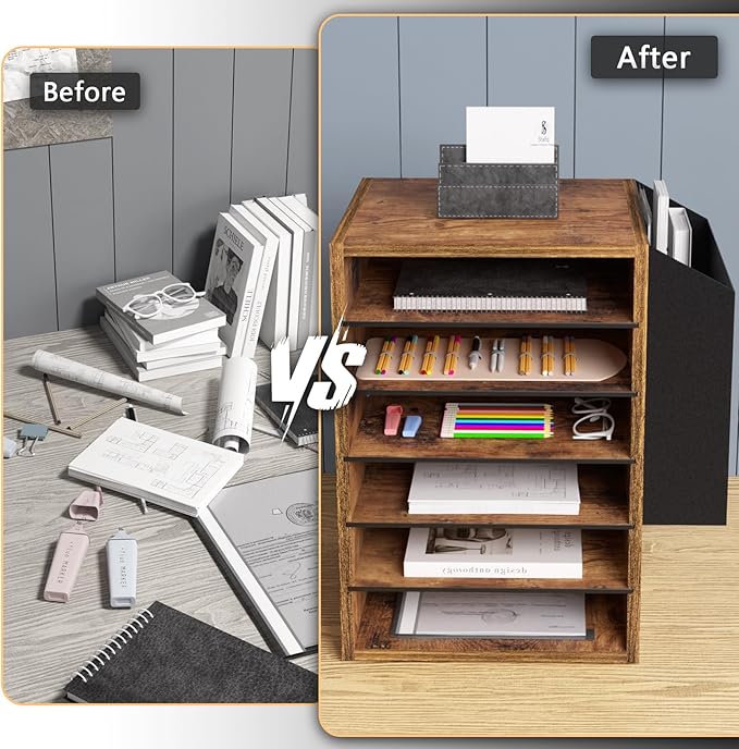 Unionly, 6 Tier Adjustable Countertop Mail Sorter, Mailboxes With Name Slots, Literature Organization Paper Storage Slot, Office Desk File Organizer, Wooden Desktop Mailbox for Classroom, Rustic Brown