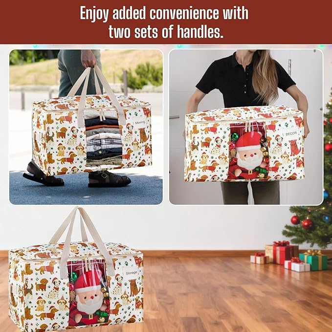 VENO 2 Pack Moving Bags, Large Christmas Storage Bins with lids, Packing Supplies for College, Alternative to Moving Boxes, Foldable, Heavy-Duty Tote, Christmas Pattern (Holiday Pups, 2 Pack)