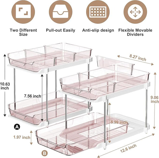 Delamu 2-Tier Multi-Purpose Bathroom Under Sink Organizers and Storage, Stackable Kitchen Pantry Organization, Pull Out Medicine Cabinet Organizer with Movable Dividers, Light Pink, 2 Pack