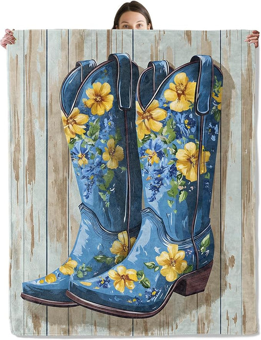 wyxdwh Cowboy Boots with Yellow Flowers Blanket, Cozy Flannel Charming Western Throw Blanket for Couch Outdoor, Plush Soft Lightweight Travel Blankets for Bed Decor & Gifts, for Women Adults 60"x80"