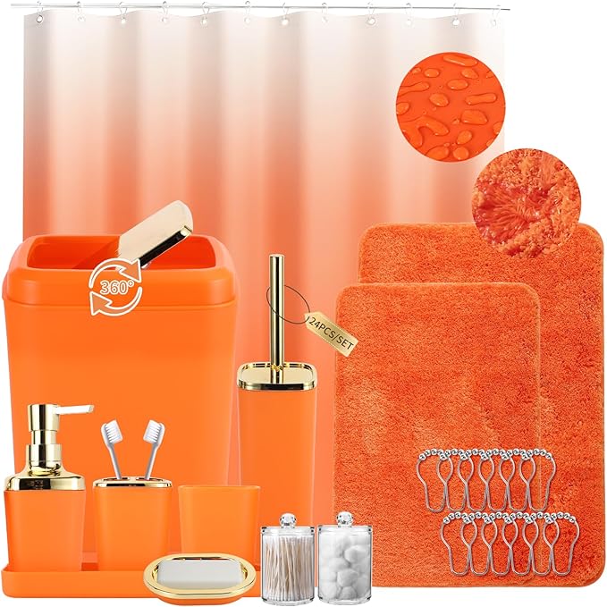XLHOMO Bathroom Set - Orange Bathroom Sets with Shower Curtain and Rugs, 24PCS Shower Curtain Set with Hooks, Soap Dispenser, Soap Dish, Toilet Brush Holder and Trash Can for Housewarming