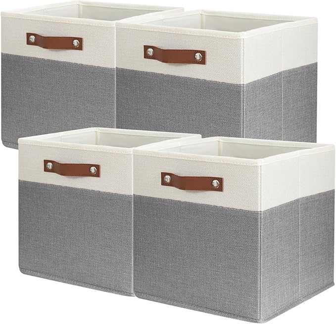 SNWDN 4 Pack Large Fabric Storage Baskets for Organizing Collapsible Fabric Storage Bins with Handles for Home and Office Organizing ((White/Grey 13x13x13 Inches)