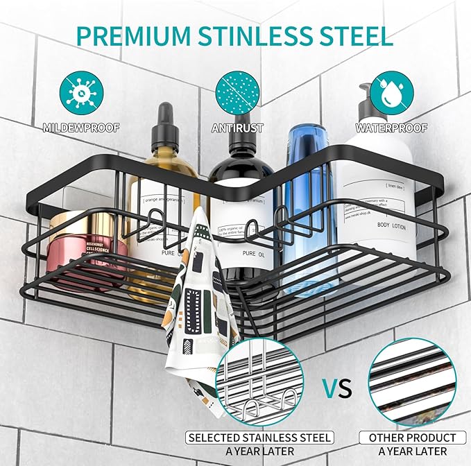 Yazoni Corner Shower Caddy, 4-Pack Adhesive Shower Shelves with Soap Holder No Drilling, Rustproof Bathroom Shower Organizer Storage, Black