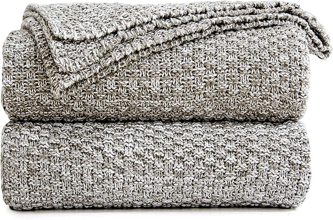 Longhui bedding Knitted Throw Blanket for Couch, Soft, Cozy Machine Washable 100% Cotton Sofa Blanket, Heavy 2.5lb Weight, Laundry Bag Included, Grey and White