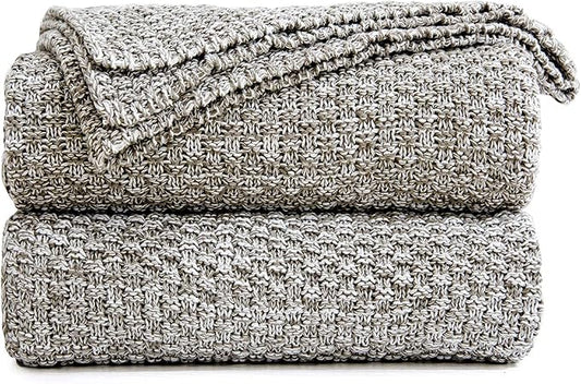 Longhui bedding Knitted Throw Blanket for Couch, Soft, Cozy Machine Washable 100% Cotton Sofa Blanket, Heavy 3.8lb Weight, Laundry Bag Included, Grey and White