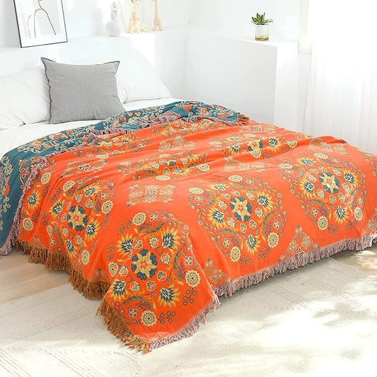 Throw Blanket for Couch Bed Chair,100% Cotton Soft Lightweight Blanket Rustic Quilt -Orange Floral Printed Farmhouse Decor Bed All Season Blankets,90"×98"