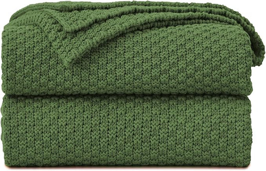 Longhui bedding Olive Green Knitted Throw Blanket for Couch, Soft, Cozy Machine Washable 100% Cotton Sofa Knit Blankets, Heavy 4.0lb Weight, 60 x 80 Inches, Olive Green Color.