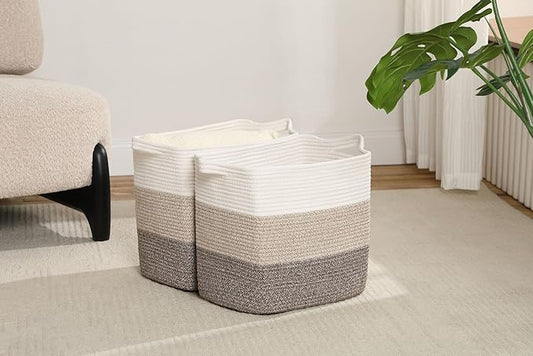Laughbird Storage Baskets for Clothes Fabric Cotton Rope Storage Basket with Handles, Decorative Woven Basket for Living Room,Closet Organizer Blankets, and 2bags (Gradient Brown, L17.8×W12.5×H17.9)