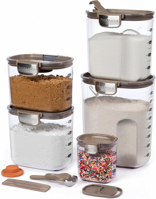 ProKeeper+ Airtight Food Storage Container Set – Clear Plastic Flour and Sugar Canister Set with Magnetic Accessories for Kitchen Organization (Taupe, 9-Piece)