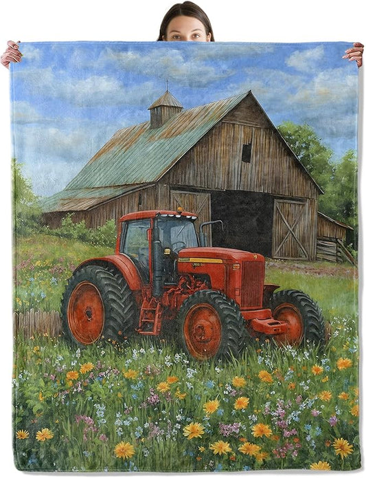 wyxdwh Red Tractor & Vintage Barn Blanket, Cozy Flannel Classic Farm Scene Throw Blanket for Couch Outdoor, Plush Soft Lightweight Travel Blankets for Bed Decor and Gifts, for Women Adults 40"x50"