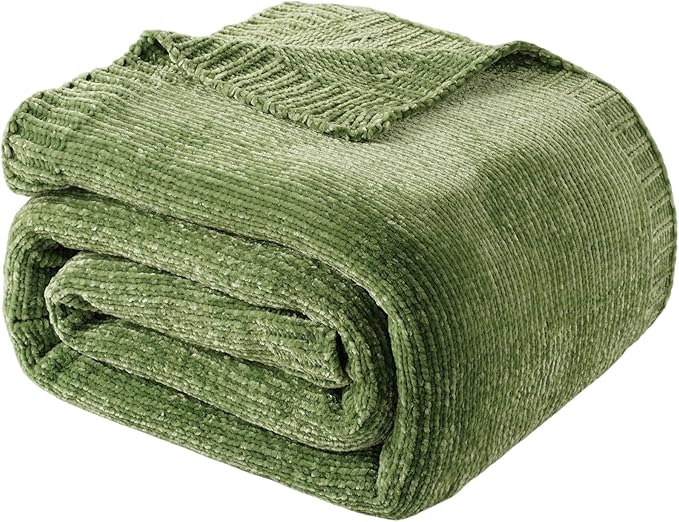 BATTILO HOME Chenille Knitted Throw Blanket for Couch, Spring Summer Green Throw Blanket for Home Decor, Decorative Cozy Soft Moss Green Blankets for Bed Sofa Couch Living Room, 51"x67"