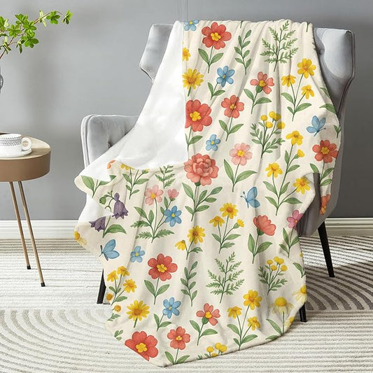 Colorful Wildflower Blanket, Soft Lightweight Warm Cozy Flannel 80×60 inch Throw Blanket for Couch, Travel, Bed, Outdoor, Gifts for Women Men Adults Kids