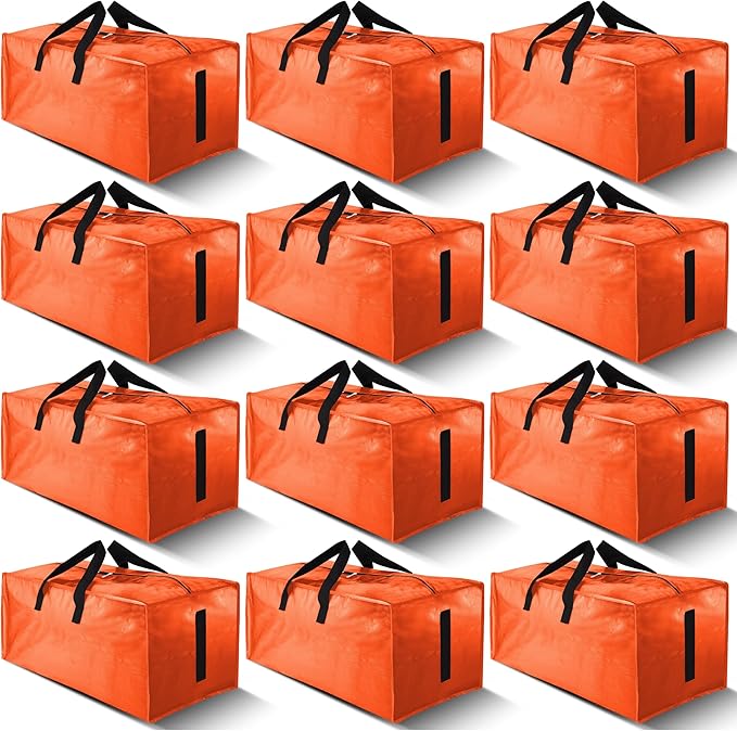 12 Pack Large Strong Moving Bags with Zippers & Carrying Handles - Water-Resistant - Heavy Duty Storage Tote for Space Saving, Fold Flat, Alternative to Moving Box (Orange)