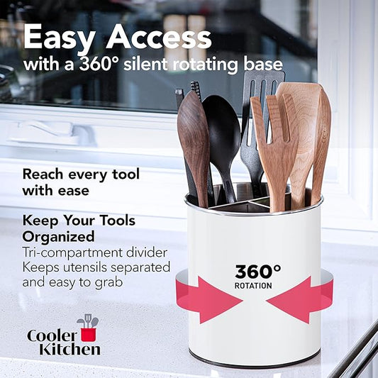 Cooler Kitchen White Rotating Extra Large Stainless Steel Utensil Holder Caddy with Sturdy No-Tip Weighted Base, Removable Divider, and Gripped Insert - Dishwasher Safe Metal Cooking Utensil Holder