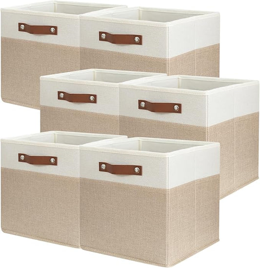 SNWDN 6 Pack Fabric Storage Baskets for Organizing Collapsible Fabric Storage Bins with Handles for Home and Office Organizing (White/Beige 11x11x11 Inches)