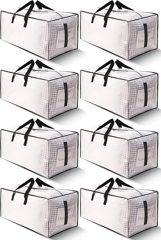 8 Pack Large Strong Moving Bags with Zippers & Carrying Handles - Water-Resistant - Heavy Duty Storage Tote for Space Saving, Fold Flat, Alternative to Moving Box (Semi-Transparent)