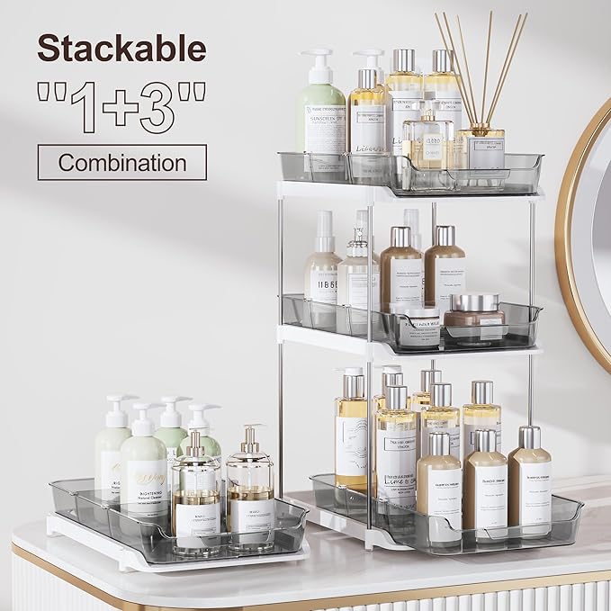 Delamu 2-Tier Multi-Purpose Bathroom Under Sink Organizers and Storage, Stackable Kitchen Pantry Organization, Pull Out Medicine Cabinet Organizer with Movable Dividers, Grey, 2 Pack