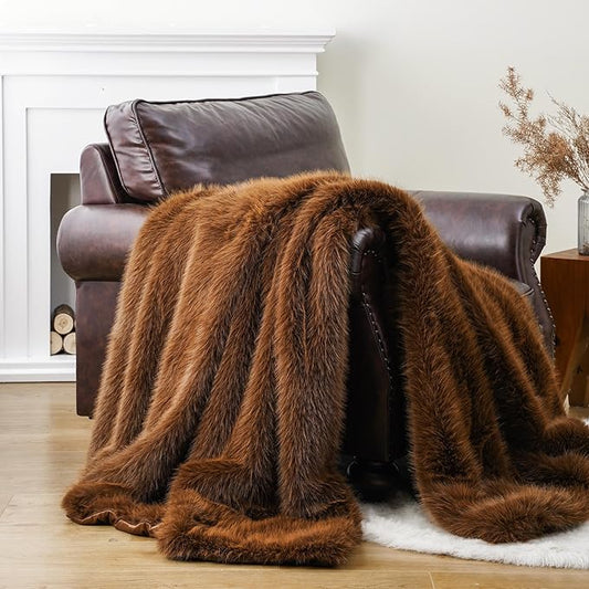 BATTILO HOME Luxury Fluffy Faux Fur Throw Blanket, Large Golden Brown Fake Fur Blanket for Bed, Sofa, Chair, Bed, Silky Elegant Fuzzy Fur Throws with Long Pile, 60"x80"
