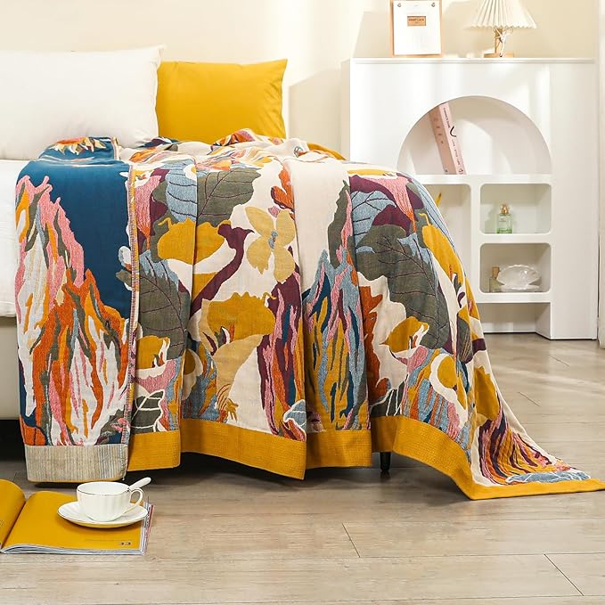 Boho Throw Blanket for Bed,100% Cotton Breathable Muslin Soft Throw, Fall Bed Throw Blanket Floral Bird Butterfly Printed Decor Large Blankets,80"×90" Rustic Farmhouse Throw for Sofa Couch Chair