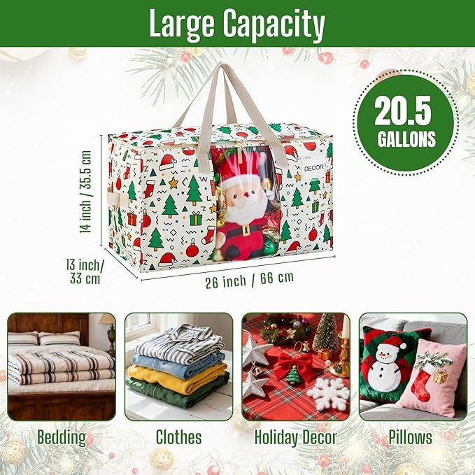 VENO 4 Pack Moving Bags, Large Christmas Storage Bins with lids, Packing Supplies for College, Alternative to Moving Boxes, Foldable, Heavy-Duty Tote, Christmas Pattern (Jingle Mix, 4 Pack)