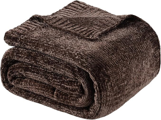 BATTILO HOME Dark Brown Throw Blanket for Couch, Soft Chenille Throw Blankets for Bed, Sofa, Home Decorative Chocolate Brown Throw Blanket, Knitted Cozy Brown Blanket, 51"x67"