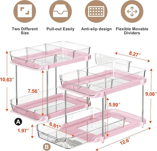 Delamu 2-Tier Multi-Purpose Bathroom Under Sink Organizers and Storage, Stackable Kitchen Pantry Organization, Pull Out Medicine Cabinet Organizer with Movable Dividers, Pink, 2 Pack