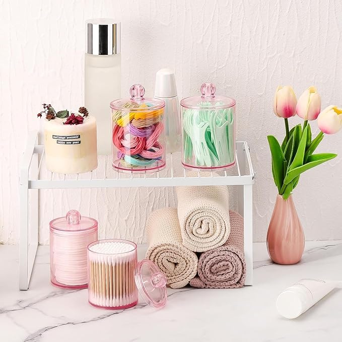 Tbestmax 12 oz & 10 oz Qtip Holder - 4 Pack Restroom Bathroom Organizers and Storage Containers, Pink Plastic Apothecary Jars with Lids for Cotton Swab, Cotton Round Pads, Floss