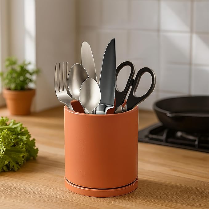 D'vine Dev 360° Rotating Utensil Holder – 5" Kitchen Utensil Crock for Countertop, Modern Cooking Tool Organizer for Kitchen Storage & Décor, Pumpkin, 72-X-E-1