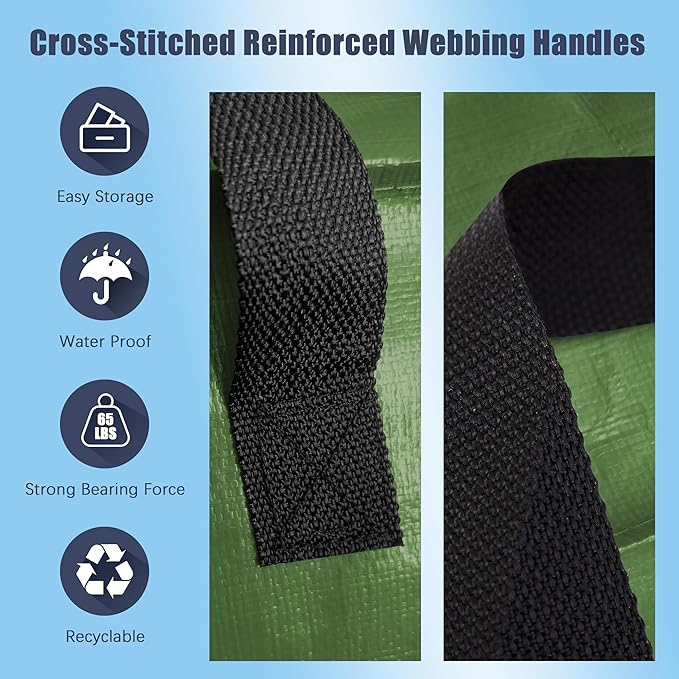 8 Pack Large Strong Moving Bags with Zippers & Carrying Handles - Water-Resistant - Heavy Duty Storage Tote for Space Saving, Fold Flat, Alternative to Moving Box (Olive Green)