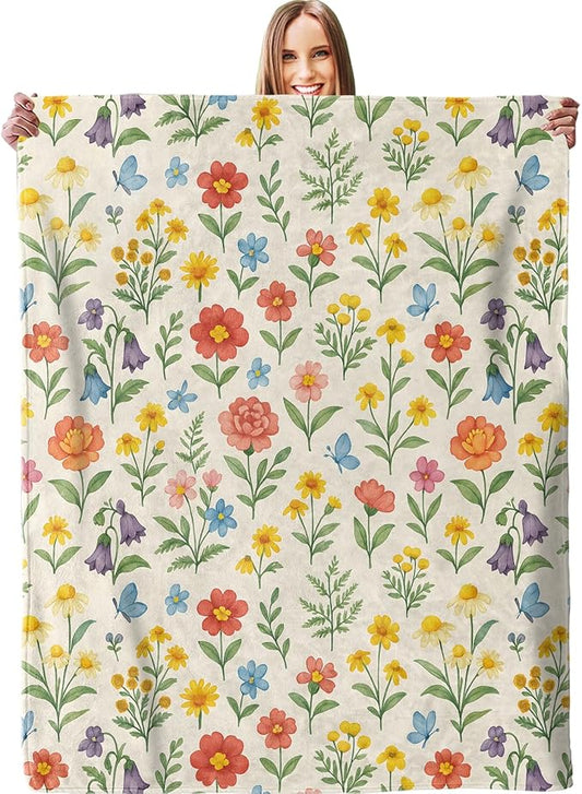 Colorful Wildflower Blanket, Soft Lightweight Warm Cozy Flannel 60×50 inch Throw Blanket for Couch, Travel, Bed, Outdoor, Gifts for Women Men Adults Kids