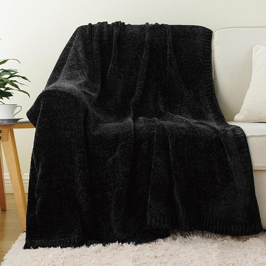 BATTILO HOME Black Throw Blanket for Couch, Woven Chenille Throw Blankets for Bed, Chair, Sofa, Black Knitted Blanket Cozy Soft Blanket, 51"x67"
