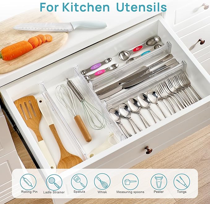 Vtopmart 8 Pack 2.36" Short Upgrade Drawer Dividers for Kitchen Drawer, 12.8"-22.3" Expandable Kitchen Drawer Organizer, Clear Plastic Organizer Separator for Flatware, Utensil, Cutlery, Underwear