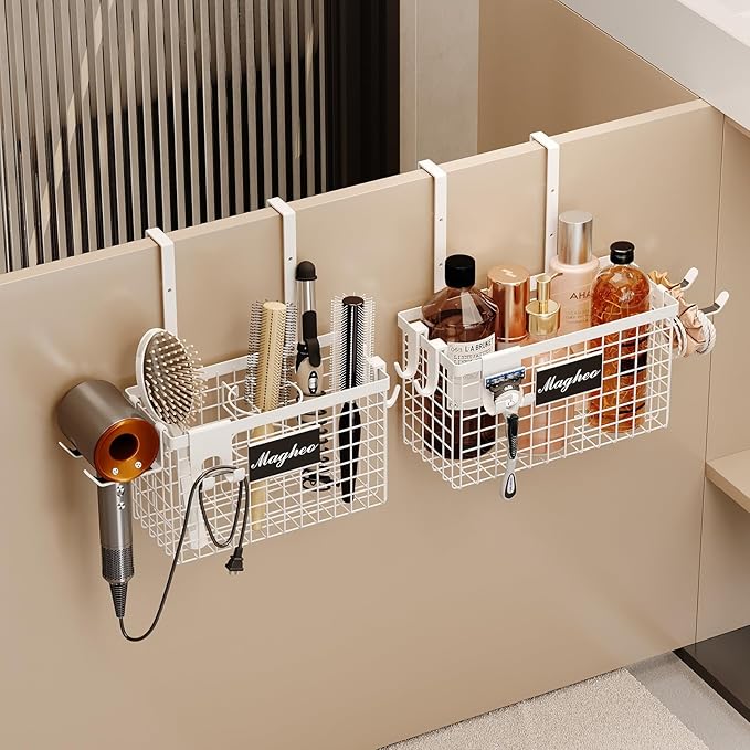 Magheo 2 Pack Hair Tool Organizer,Adhesive Hair Dryer Holder Cabinet Door/Wall Mounted Adjustable Height Blow Dryer Holder Under Sink Bathroom Hair Appliance Organizer and Storage Countertop(White)