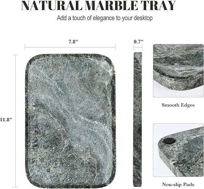 Koville Marble Tray, 12"x8" Natural Marble Vanity Tray for Countertop Bathroom Kitchen Dresser, Decorative Catchall Trays for Perfume Jewelry, Rectangular Stone Serving Tray(Green)
