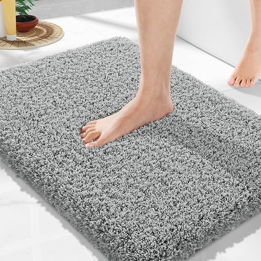 Yimobra Bathroom Rugs Non Slip Washable, Ultra Soft and Water Absorbent Bath Mats, Plush Fluffy Shower Mat Outside, Microfiber Thick Matts for Bathroom Floor/Sink, 24x17, Pure Gray