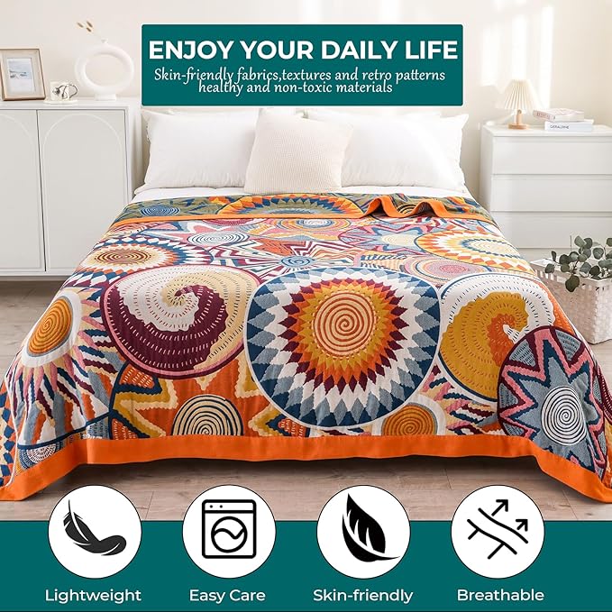 King Throw Blanket for Bed 100% Cotton Boho Oversized Soft Cozy Muslin Quilt Blanket Double Embroider Sun, Vintage Farmhouse Cottage Woven All Season Blankets for Bedding Couch,90"×98"