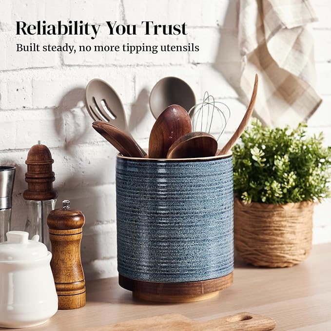 DOWAN 360° Rotating Extra Large Cooking Utensil Holder, 7.6" Kitchen Utensil Holder for Countertop, Utensil Crock for Farmhouse Kitchen Decor, Ceramic Stable Utensil Caddy, Blue