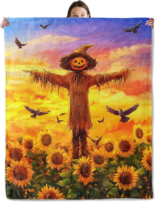 wyxdwh Pumpkin Scarecrow Sunflower Blanket, Cozy Flannel Golden Sunflower Field Throw for Couch Outdoor, Plush Soft Lightweight Travel Blankets for Bed Decor and Gifts, for Women Adults Kids 60"x80"