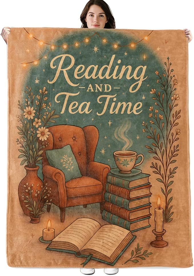 Book Blanket, 50"x40" Flannel Cozy Lightweight Reading and Tea Time Throw Blankets Gifts for Couch Bed Living Room Decor, Soft Blanket for Women Kids