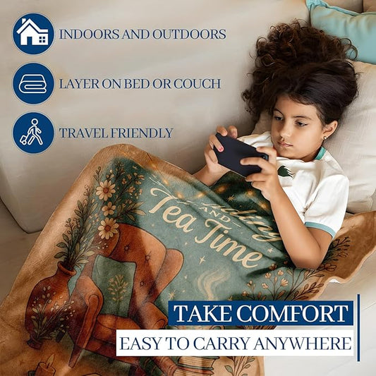 Book Blanket, 50"x40" Flannel Cozy Lightweight Reading and Tea Time Throw Blankets Gifts for Couch Bed Living Room Decor, Soft Blanket for Women Kids