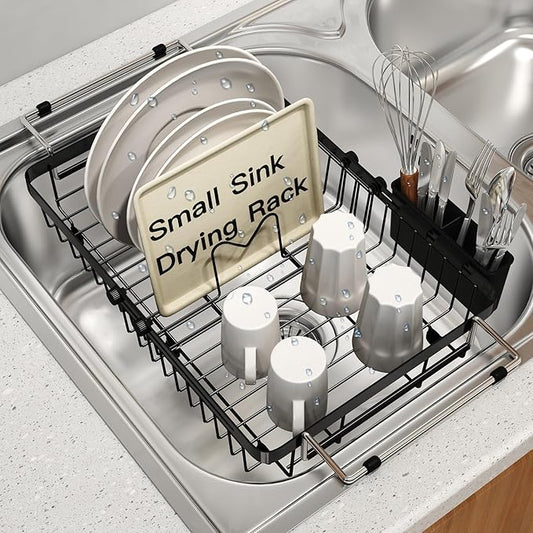 Small Expandable Over The Sink Dish Drainer Drying Rack In Stainless Steel Metal For Kitchen, Counter Space Saving Compact Above Plate Dryer Strainer, Adjustable Hanging Inside Sink Wire Drain Holder