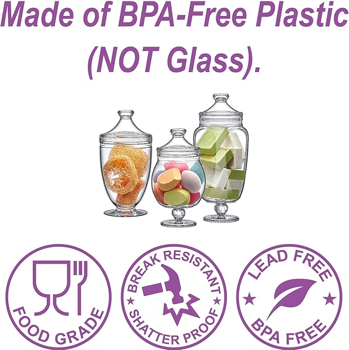 Amazing Abby - Admire - Plastic Apothecary Jars (3-Piece Set, 60/46/40 oz) (NOT Glass), Acrylic Jars with Lids, Bathroom Canisters, Candy Buffet, Wedding Display, BPA-Free and Shatter-Proof