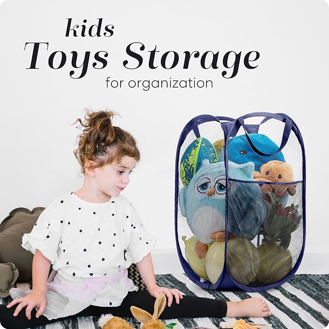 Handy Laundry Collapsible Mesh Pop Up Hamper with Wide Opening and Side Pocket - Breathable, Sturdy, Foldable, and Space-Saving Design for Clothes and Storage (Blue | 2-Pack)