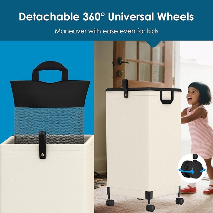 Laundry Basket with Wheels 105L, Large Rolling Laundry Hamper with Removable Bag, Metal Frame Collapsible Dirty Clothes Bin, Cloth Organizer Hampers Pull Handle for Bathroom, Dorm, Bedroom White