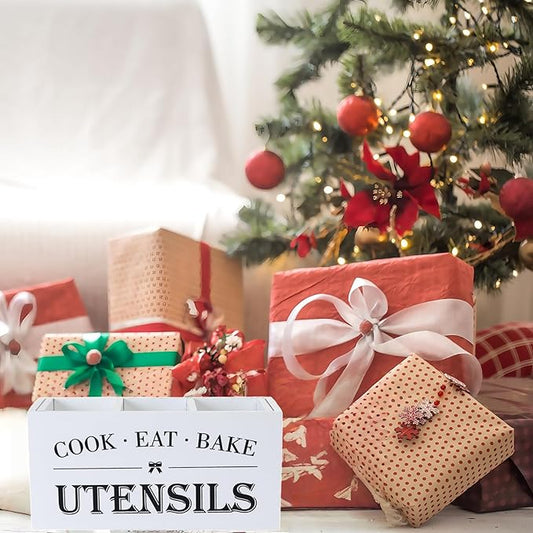 LIBODOUR Utensil Holder,Large Wooden Utensil Holder For Kitchen Counter,Cooking Spatula Organizer,Big Storage Caddy With 3 Compartments Flatware Spoon Tool Cutlery(White)