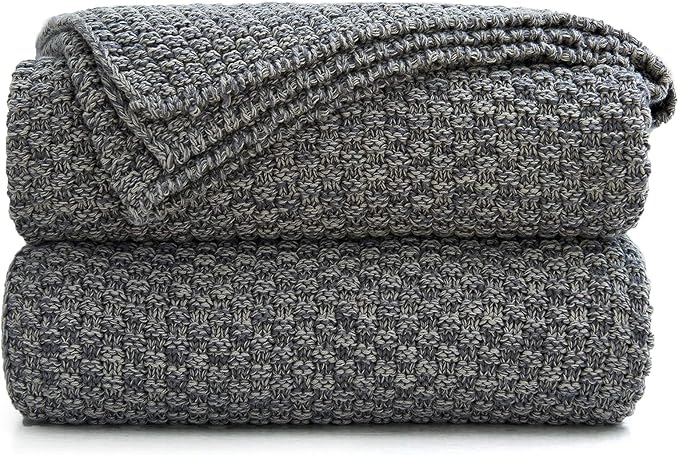 Longhui bedding Grey Knitted Throw Blanket for Couch, Soft, Cozy Machine Washable 100% Cotton Sofa Cable Knit Blankets, 4.0lb Weight, 60 x 80 Inches Oversized, Grey White Color
