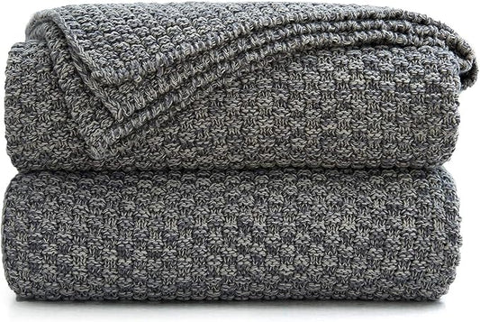 Longhui bedding Grey Knitted Throw Blanket for Couch, Soft, Cozy Machine Washable 100% Cotton Sofa Knit Blankets, Heavy 3.0lb Weight, 51 x 63 Inches, Gray and White Color,Laundry Bag Included